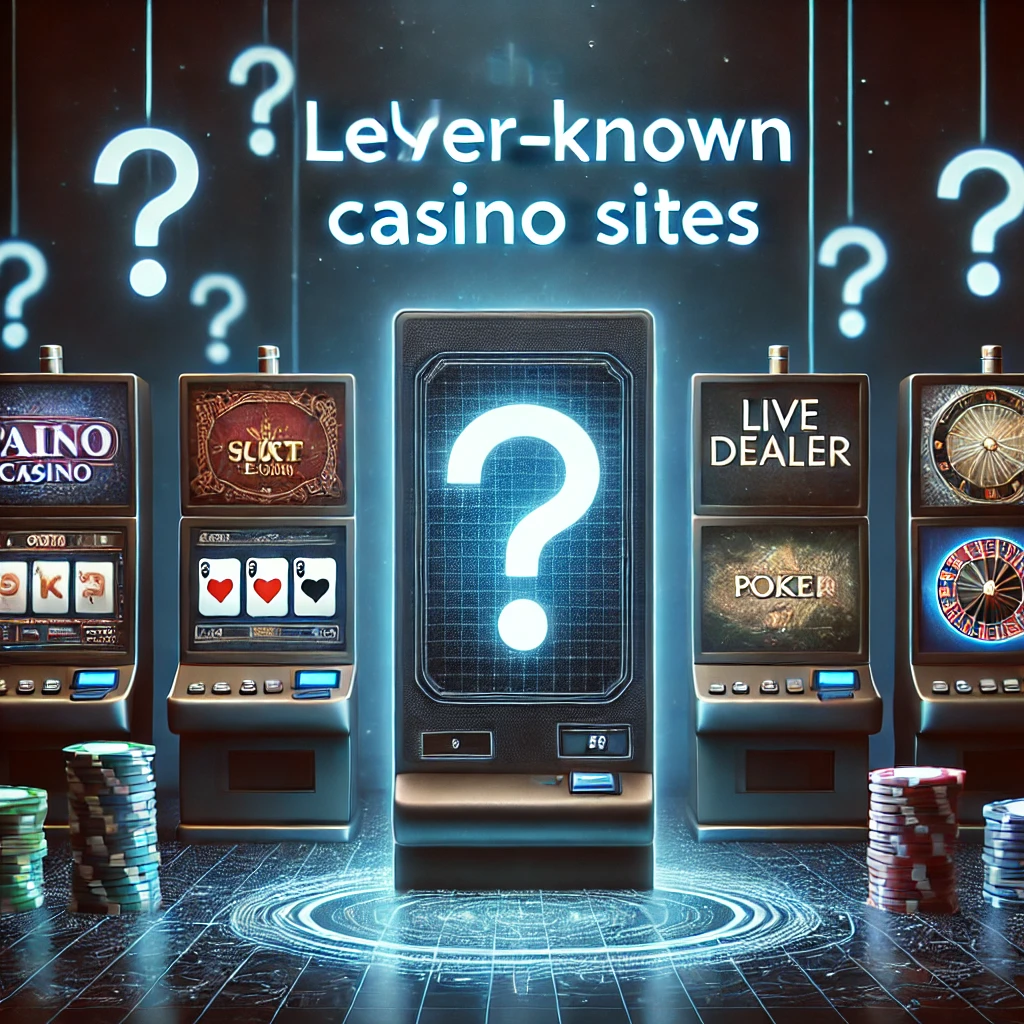 Bilinmeyen casino siteleri, genel tasarımlı slot makineleri ve poker seçenekleriyle bir online arayüzde gösterilmektedir.