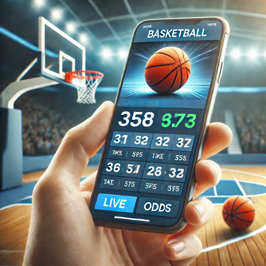 Bir el, basketbol bahis oranlarının ve maç istatistiklerinin göründüğü bir akıllı telefon tutuyor.